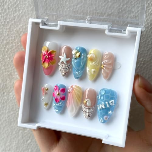 Press On Nails Medium Almond Shape - 3D Handmade Acrylic Gel Fake Nails with Glitter Designs, Reusable Thick Almond Nails for Women DIY Manicure Kit (10PCS, L Size, Easy Application) - color: 450, size: L