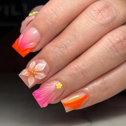 Press on nails Medium Square Flower&Water Ripple Design - color: Orange Pink Yellow