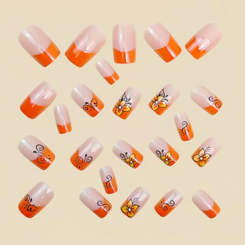 24pcs Orange French Tip Press on Nail Medium Length Square Fake Nails with designs Stick on Nail Glossy Full Cover False Nails Reusable Glue on Nails for Women Summer Manicure - color: s38