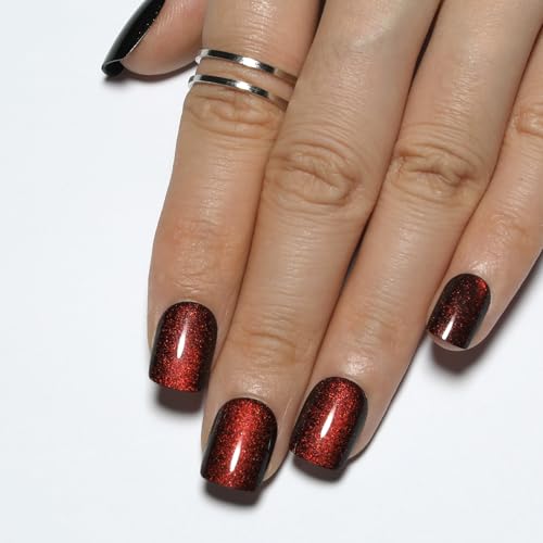 Wine Red Press On Nails Short – Square Cat Eye Fake Nails 30PCS - color: M05-Deep Burgundy Red - Crimson Spell