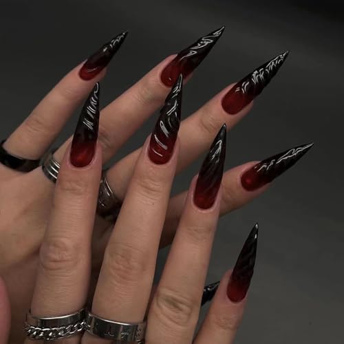 24 Pcs Halloween Press on Nails Long Stiletto Fake Nails Red Black Gradient False Nails with 3D Design Goth Acrylic Nails Press ons Halloween Glue on Nails Full Cover Reusable Stick on Nails for Women - color: Style 7