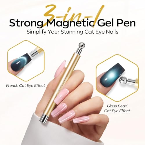 modelones 3-in-1 Cat Eye Magnet Nail Art Tool,Cylindrical & Ball Magnet Nail Art Pens, Multi-Effect Magnets for Cat Eye Gel Polish DIY at Home Salon(Magnet Only, No Gel Included) - color: A1-3-in-1 Gold Double Head Cat Eye Magnet