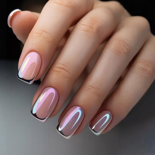 French Tip Press On Nails Short Square Fake Nails Press Ons With Aurora Chrome Design Glue On Nails Pink Glossy Stick On Nails Reusable Acrylic False Nails For Women - color: short square nails-4