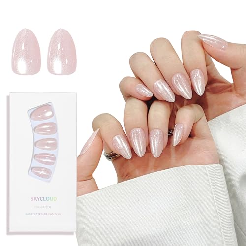 Almond Cat Eyes Press On Nails,12 Sizes - 24 Pcs Soft Gel White Medium Fake Nails Kit with Nail Glue, Natural Reusable Stick On False Nails for Women and Girls (Skycloud Moonlight) SK0764 - color: SK0764-Moonlight