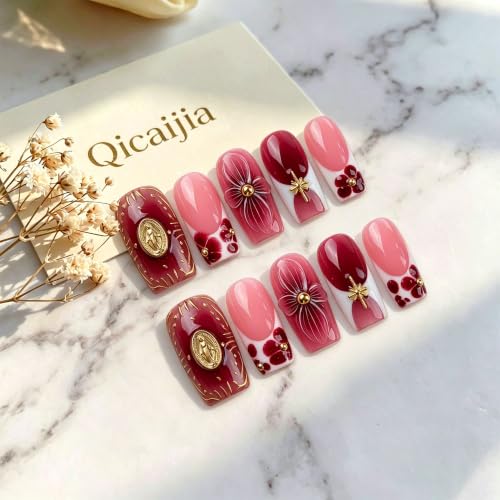 Red Handmade Press on Nails Medium Square Gradient Fake Nails - color: style11