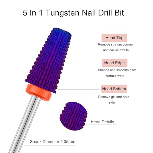 2pcs 5 in 1 Nail Drill Bits, 3/32'' Tungsten Carbide Safety Bits,Two Way Use for Both Left and Right Handed, Fast Remove Cuticle Acrylic Gel Polishing Manicure Pedicure Tools (Purple) - color: Purple