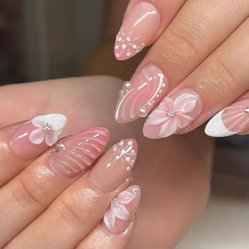 Press on Nails Short Almond - White French Tip with 3D Floral - color: D-55