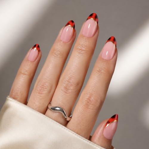 Red French Tip Press On Nails - French Tip Almond Fake Nails - color: 3D - Red French Gold Line