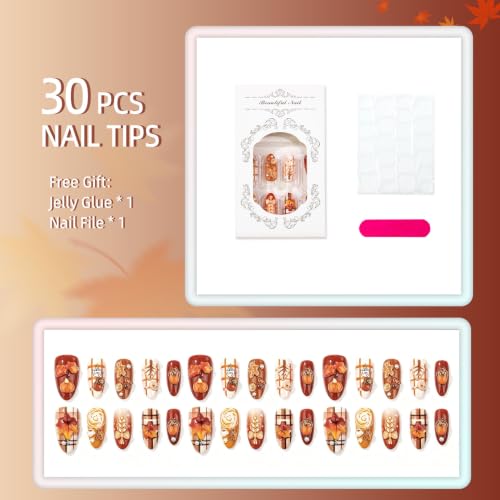 30pcs Thanksgiving Press on Nails Fall Maple Leaf Acrylic Fake Nails - color: Halloween Press on Nails 22