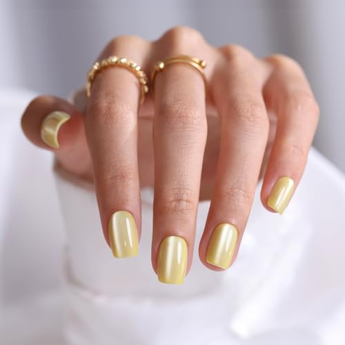 SHANGMENG Press on Nails, Square Short Pastel Yellow Cat Eye Fake Nails - color: Butter Cream