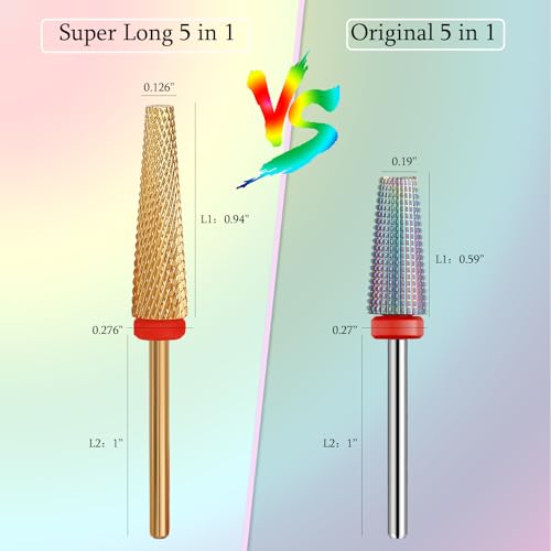 Super Long 5 in 1 Nail Drill Bits, Professional 3/32'' Carbide Tungsten Two Way Rotary Advanced Safety Bits, Fast Remove for Manicure Pedicure Cuticle Acrylic Nails (Gold, Fine-F) - color: Gold, size: Fine-F