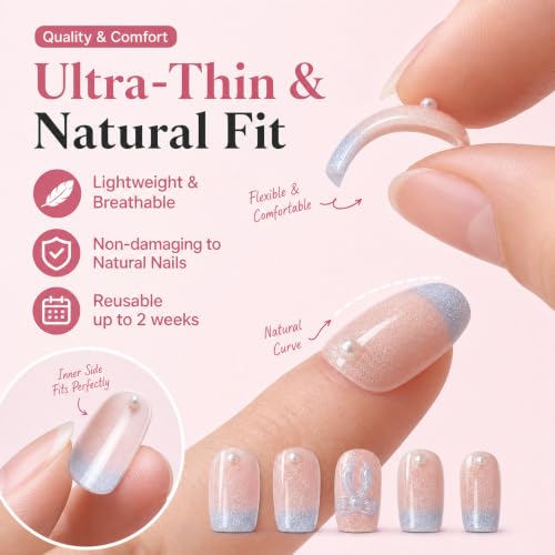 54pcs Light Blue French Tip Press on Nails and Toenails Set, 3D Ribbon Bows & Pearls Fake Nails, Shimmer Nude False Nails Square Shape, Cute Coquette Aesthetic DIY Manicure Kit for Women - color: Light Blue French