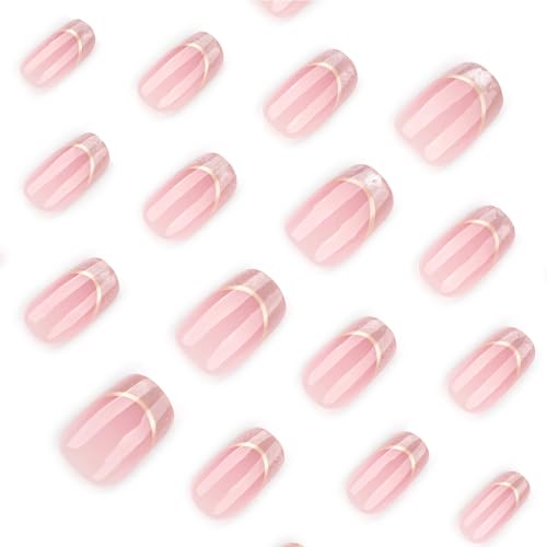 24 Pcs Pink Glitter French Tip Square Press On Nails - color: 0018-Pink with gold glitter