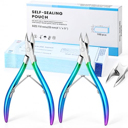 Lothee 2 Pcs 3mm Cuticle Nippers Trimmer with 100 Sterilizer Pouch, Rainbow - color: Rainbow