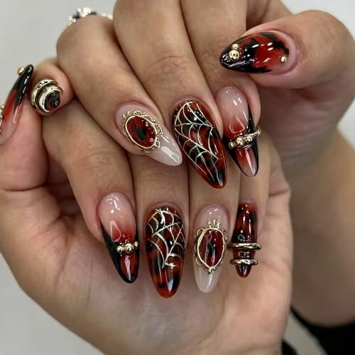 Halloween Press on Nails Medium Almond with Gold Spider Web Bat Design - color: Halloween nails-15