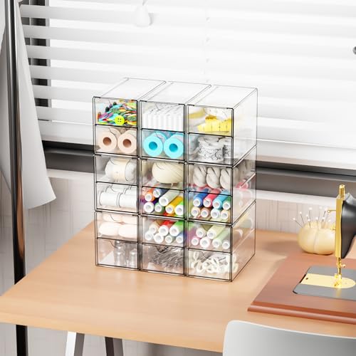 Yieach 9 Pack Small Acrylic Drawers With 18 Drawers,Clear Drawer Organizers Stackable,School,Office Supplies Organizer And Storage Bins for Stationery,Pen,Pencil,Craft,Glasses,Sunglass Organizer Case - size: 18 Drawers-3.4 In Narrow
