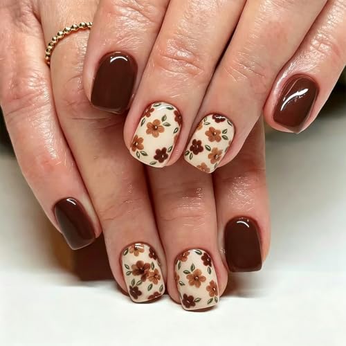 24Pcs Fall press on nails short square fake nails with brown flowers design - color: fallnails11