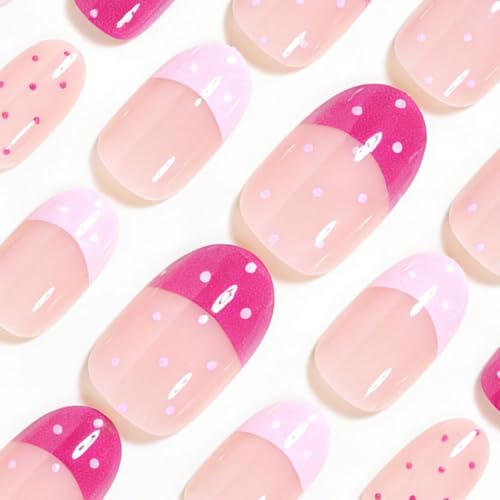 Pink French Tip Press On Nails Short Almond Glossy Fake Nails Polka Dot - color: BD-Pink-7