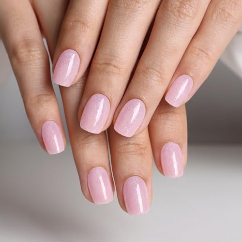SHANGMENG Press on Nails, Square Short Pink Glitter Fake Nails, Soft Gel - color: Pink Sugar Cube
