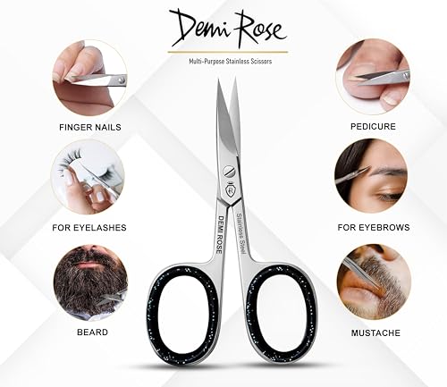 Nail Scissors Curved - Professional Stainless Steel Manicure, Grooming Scissors for eyebrow, Mustache, Nose Hair, Eyelash, Dry Skin - Cuticle Scissors with Rubber Inserts