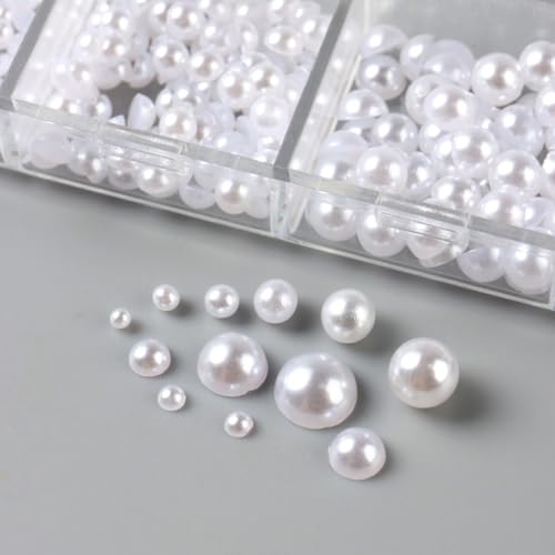 12 Grids White Pearl Nail Art Charms Multi Size Round and Half Round Pearls