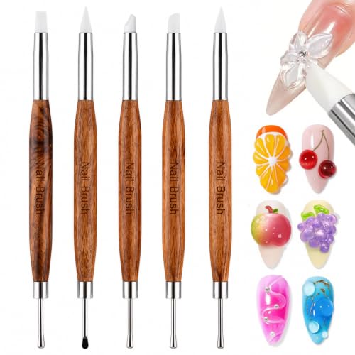 Dual-Ended Nail Sculpting Pens Set, 5 Pcs Silicone Gel Carving Pen & Gel Picker Tool, Wooden Handle Nail Brush for 3D Flower Sculpture Picking Chrome Powder - color: Nail Sculpting Pens Set