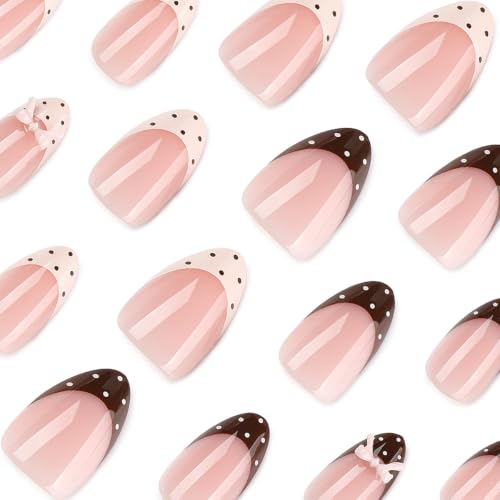 French Tip Press on Nails with Polka Dots, Short Almond Fake Nails - color: Style-19