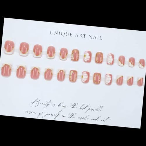 French Tip Press on Nails Short Square Flower Gold Line Design - color: White Gold