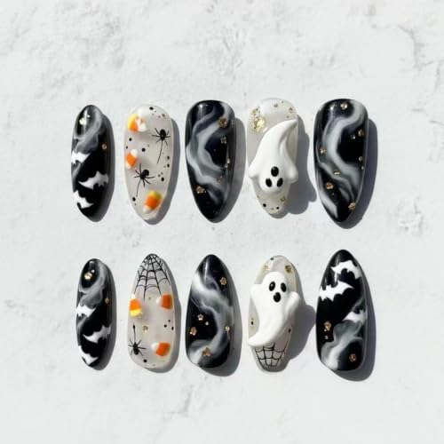 Halloween Press On Nails Medium Almond Fake Nails 3D Ghost Design 30Pcs - color: Halloween nails-9