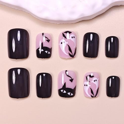 24 Pcs Halloween Press on Nails Cute Cat French Tip Fake Nails Glossy Full Cover False Nails with White Little Ghost Designs Acrylic Festival Stick on Nail Art DIY for Women Nail DIY - color: Halloween Style 015