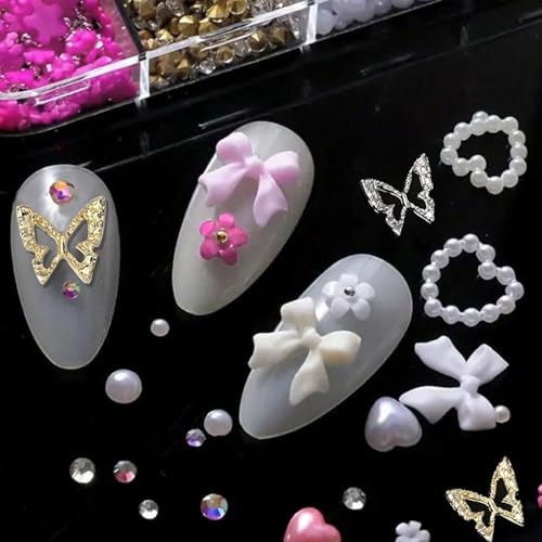 3D Nail Art Charms Metal Butterfly Nail Charms Heart Pearl Bow Flower Flatback Rhinestones Cute Nail Art Charms for Women Manicure Supplies Decorations DIY Accessories 1Box - color: Rhinestone 10