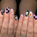 Halloween Press on Nails BOO Cute Ghost Checkerboard Web Flower - color: BOO Halloween