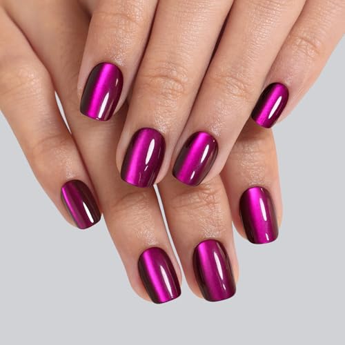 SHANGMENG Halloween Press on Nails, Square Short Plum Purple Cat Eye Nails - color: Amethyst