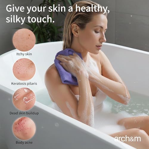 ARCH&M Exfoliating Towel 3-Pack, Nylon, Brown Purple Navy-Blue - style: Brown Purple Navy-Blue