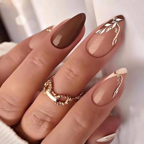 MISUD Press on Nails - Medium Almond Glue on Nails with Fall Brown, Acrylic Autumn Leaf Design 24 pcs - color: 11214Brown