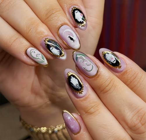 30Pcs Halloween Press on Nails Almond Medium Fake Nails Magic Mirror Ghost False Nails Cute Little Ghost Full Cover Glossy Artificial Acrylic Fingernails Skull Stick on Nails for Women Nail Art DIY - color: Ghost Moon Cat Style