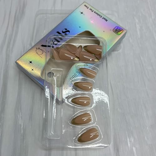 Gold French Tip Press on Nails Medium Almond Fake Nails Glossy Nude Base Glue on Nail Full Cover Artificial Nail for Women Party Wedding Daily Wear 24 Pcs - color: Gold