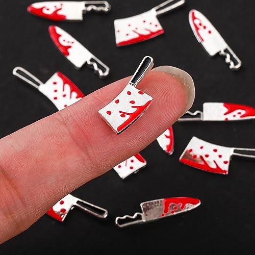 Halloween Bloody Knife Nail Charms Terror Silver Red Gems 3D Metallic Kitchen Supplies Goth Sharp Jewelry for Women Girls Manicure Acrylic Accessories Decoration 12pcs (ROFIBUTB006)