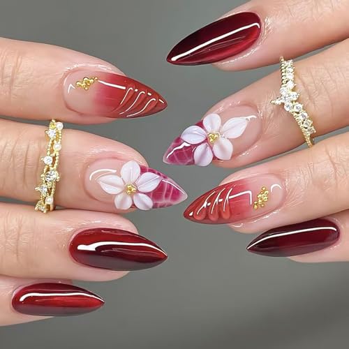 RUOKEXIN Almond Press on Nails French Tip Fake Nails Orange Ombre False Nails with 3D Flower Designs Medium Nail Press ons Sparkly Artificial Nails for Women 24Pcs - color: Almond Style 11-15