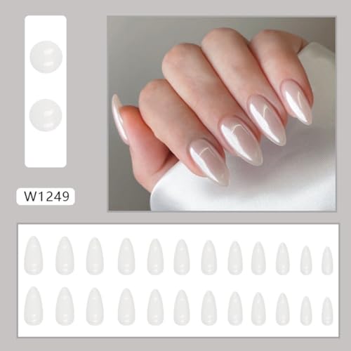CTTHNBD Press on Nails Almond - Medium Fake Nails with Aurora Design - White Full Cover Stick on False Nails - for Women 24 Pcs - color: Aurora White