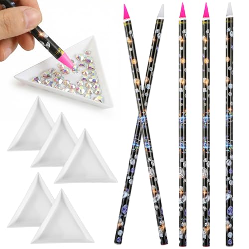 10pcs Wax Pencil for Rhinestones with Tray 5 Rhinestone Pen Picker Tool Kit Self Adhesive Picker Pencil Nail Dotting Wax Pen and 5 Rhinestones Trays Tools for Nail Art Painting
