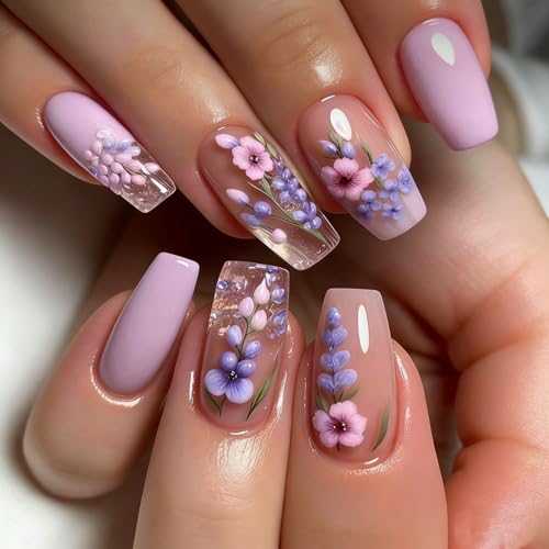 Flower Press on Nail Long Square Fake Nails with Purple Pink Gradient Stick on Nail designs Acrylic Press ones Glossy Full Cover 3D False Nails Reusable Glue on Nails for Women 24pcs - color: styles36