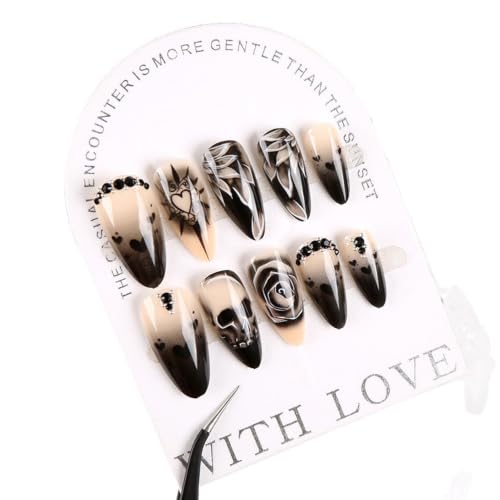 Goth Press on Nails Black Almond Fake Nails 24Pcs - color: Halloween 5