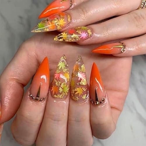 Fall Almond Press On Nails Medium Fake Nails Orange Gradient False Nails Press Ons With Gold Foil And Maple Leaves Design Stick On Nails Glossy Autumn Glue On Nail For Women Nail Supplies - color: design-5