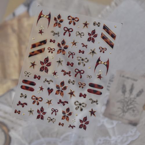 1 Sheet Fall Brown Leopard Print Bow Nail Stickers 5D Self-Adhesive Nail Decals Bow Star Heart Flower Design Irregular Shapes with Gold Rhinestones Nail Supplies for Autumn Women Nail Decorations - color: Brown Leopard