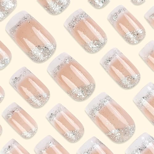 Square Press on Nails White French Tip Nails Press ons Medium Fake Nails with Silver Glitter Designs False Nails Ombre Glossy Artificial Nail Acrylic Glue on Nail for Women Girls 24Pcs - color: style021