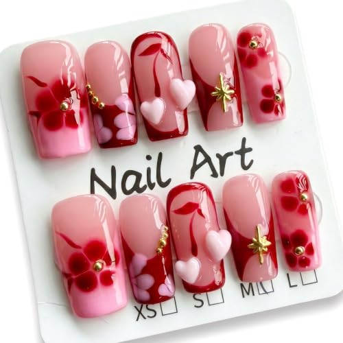Medium Square Press on Nails Handmade Red Gradient False Nails - color: style5