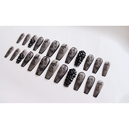 Press on Nails Long Coffin Fake Nails Black False Nail with 3D Rhinestone Butterfly Design Matte Full Cover Stick on Nail for Women - color: 04-Butterfly