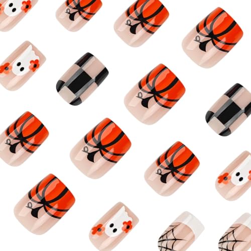 Halloween Press on Nails Short Square - Ghost Pumpkin Spider Web - color: D-68