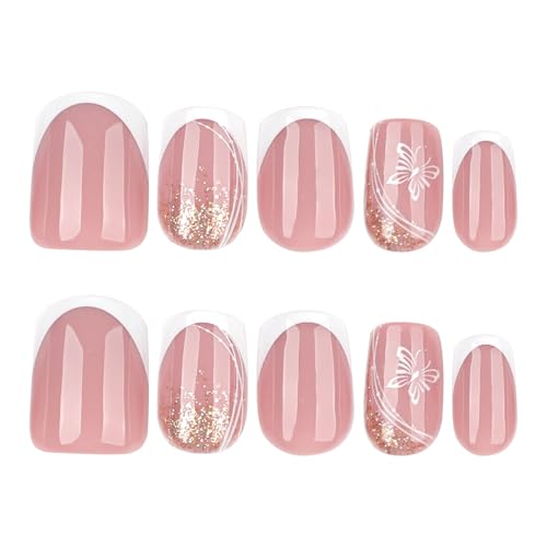 Press On Nails, Nude Pink, Short Square, 24PCS - color: 0118-Nude Butterfly White Edging
